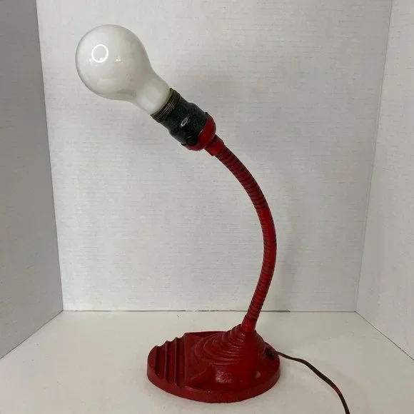 Industrial Art Deco red desk lamp cast iron gooseneck no shade 13" - Picture 2 of 11